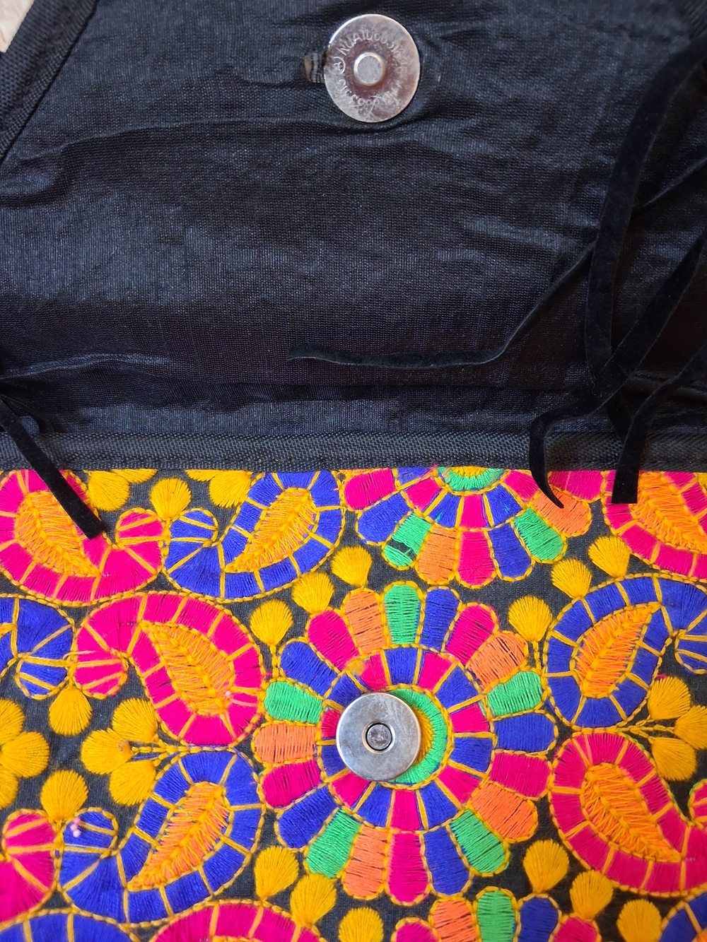 Embroidered Fringe Crossbody Bag - Black with Multicolor Floral Stitching - Picture 4 of 7